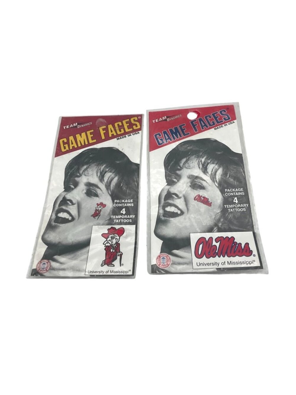 Pair of Vintage 1980s Game Faces Temporary Ole Miss and Col Reb Tattoos NOS